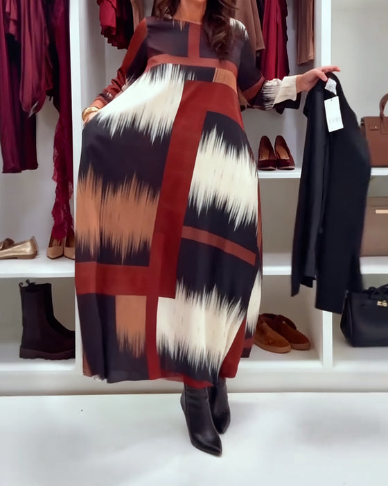 Robe Tendance Imprimée À Col Rond Et Manches Longues