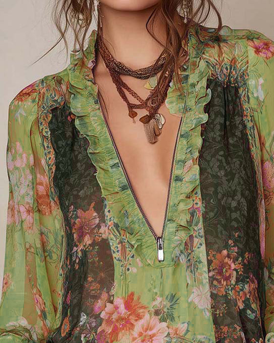 Demi-Zip Imprimé Fleuri Blouse