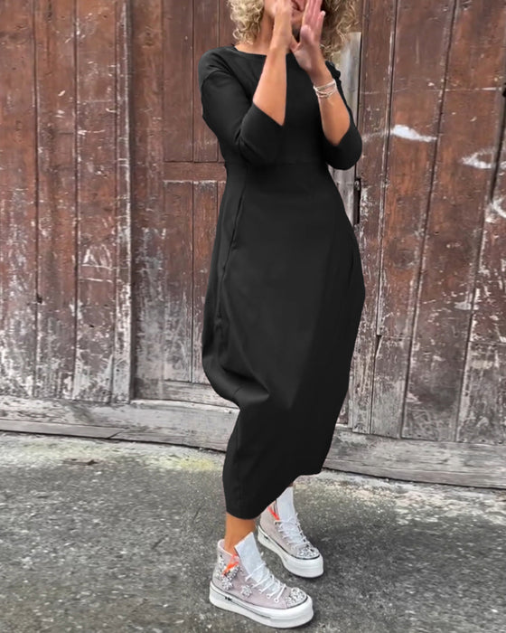 Robe élégante simple à manches longues avec poche de couleur unie