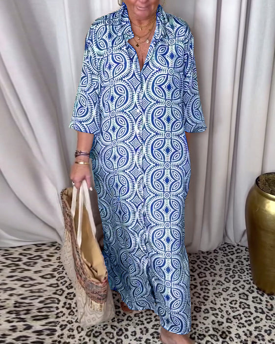 Robe longue imprimée vintage avec poche à revers