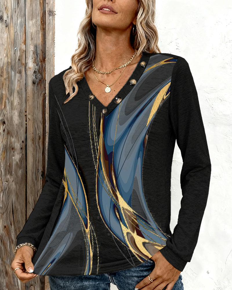 Haut Imprimé Décontracté À Col V Et Manches Longues