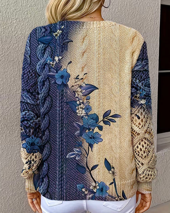 Pullover Dégradé Bloc De Couleur Fleuri Col En V Évidé