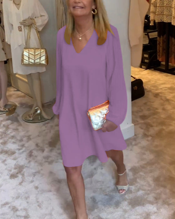 Robe col en V à manches lanternes de couleur unie