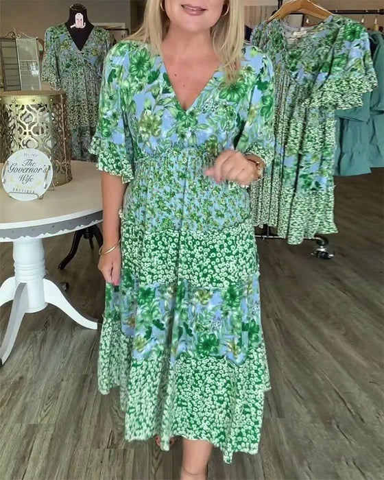 Robe Encolure En V Manche Lotus Fleuri