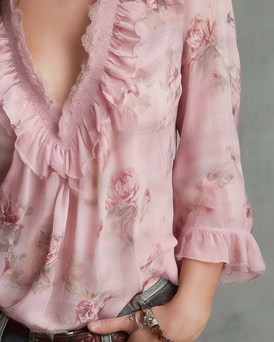 Blouse Fleuri Col V Froncé