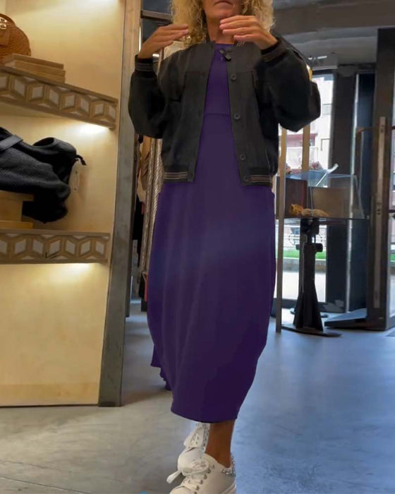 Robe unie à col rond, manches longues et poche