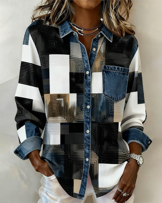 Chemise Color Block Revers À La Mode