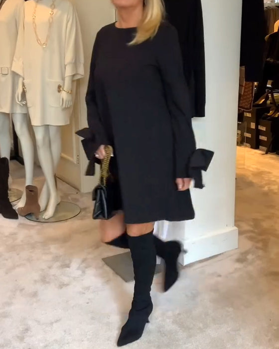 Robe Élégant Col Rond Manche Nœud