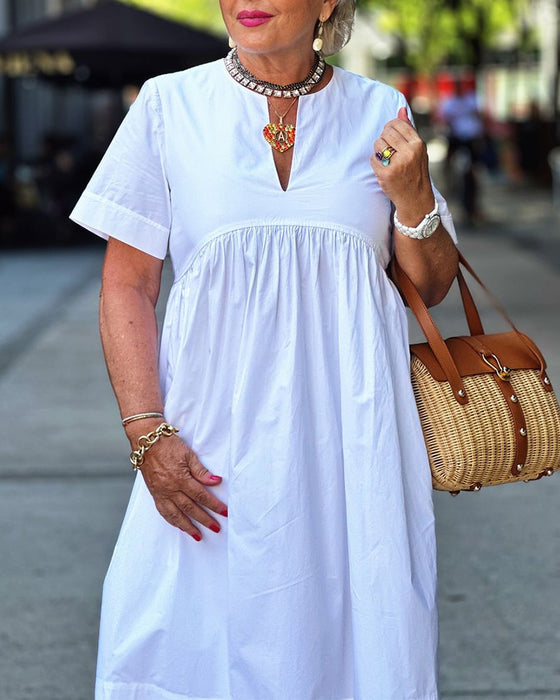 Robe plissée de couleur unie à manches courtes patchwork