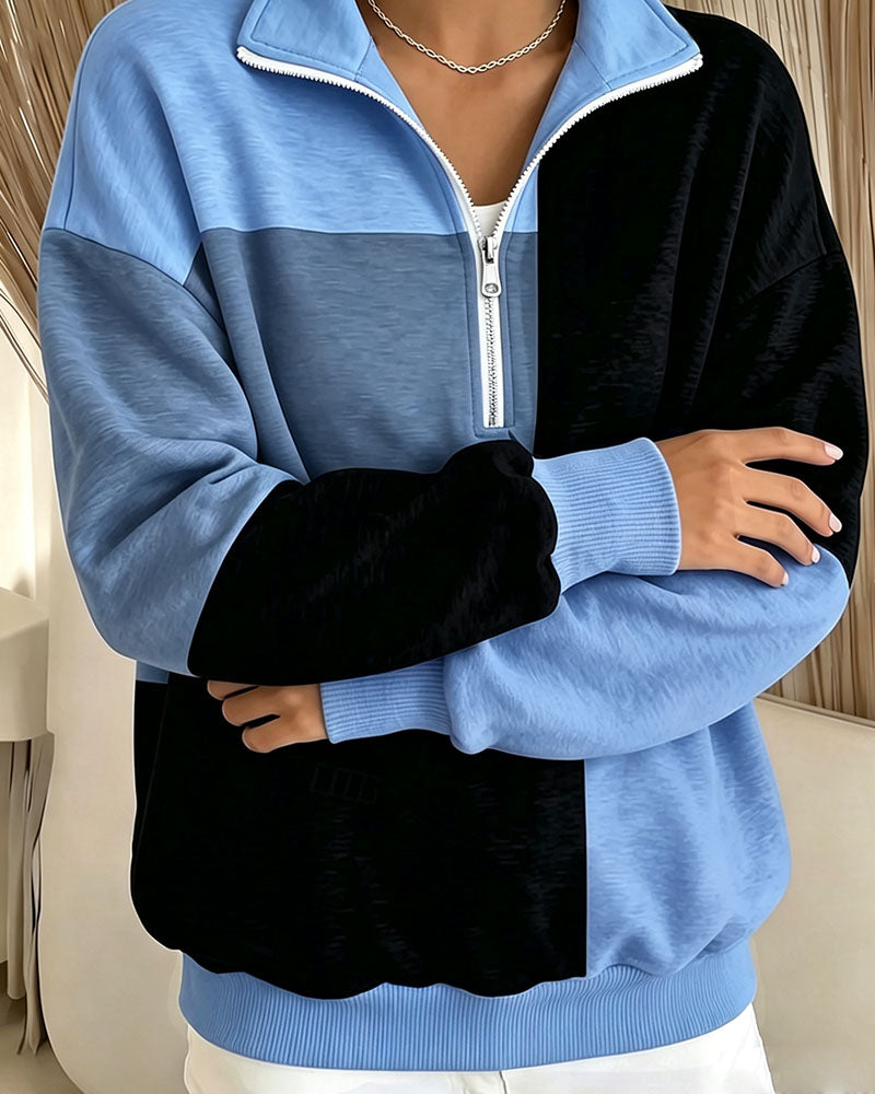 Sweatshirt À Carreaux Bloc-Couleur Fermeture Éclair Col-Debout