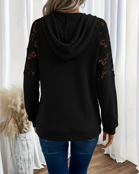 Sweat À Capuche Décolleté V Manches Longues En Dentelle Décontracté