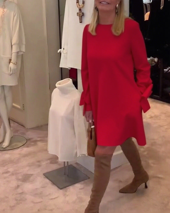 Robe Élégant Col Rond Manche Nœud