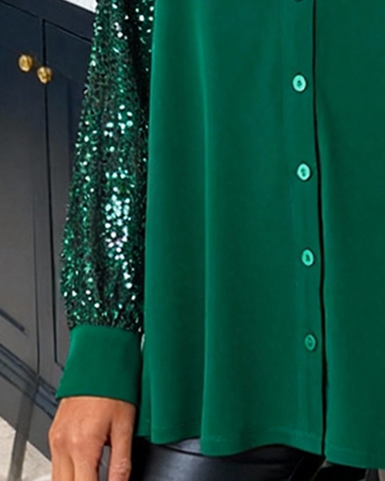 Chemise Pailletée Patchwork Col V Boutonnée