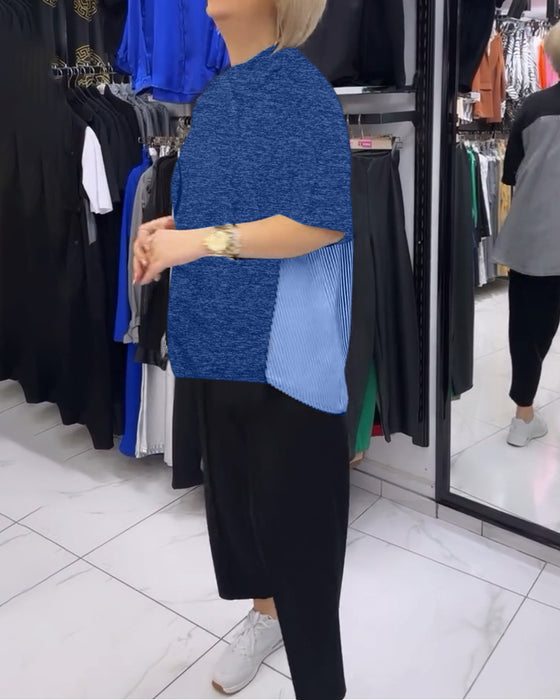 Blouse décontractée patchwork à fines rayures