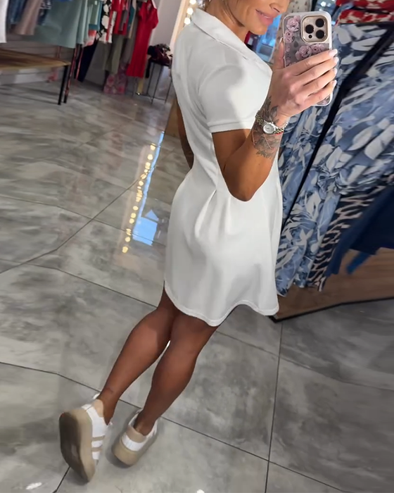 Robe Revers Manches Courtes Plissée Coupe A-Ligne