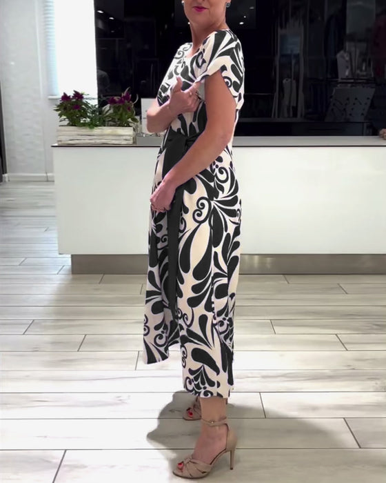 Robe élégante à manches courtes et imprimé contrasté