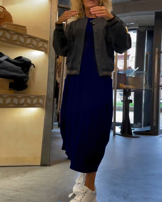 Robe unie à col rond, manches longues et poche