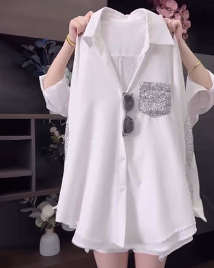 Chemise À Paillettes À Revers Et Manches Longues