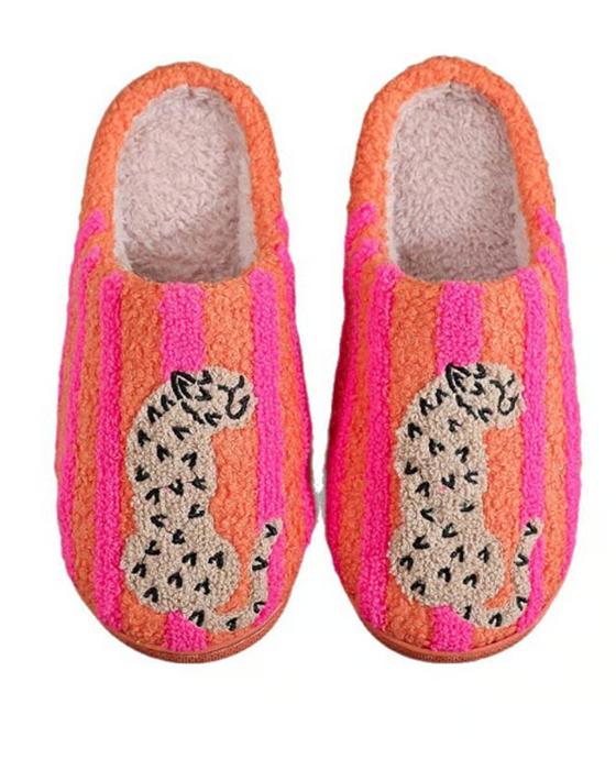 Damen Retro Gestreift & Leopard Flauschige Pantoffeln