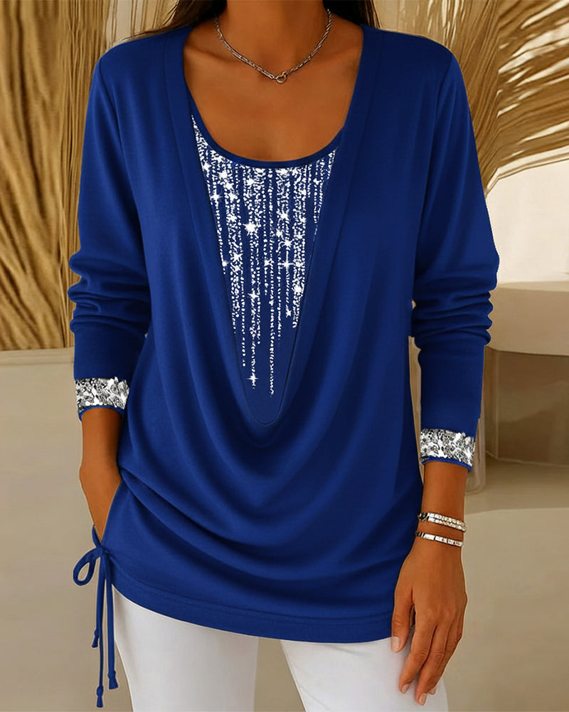 Haut Col Cassé Paillettes Fines Faux Deux-Pièces