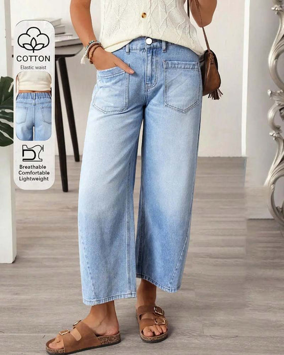 Jean Denim Taille Élastique Large Jambe Cropped