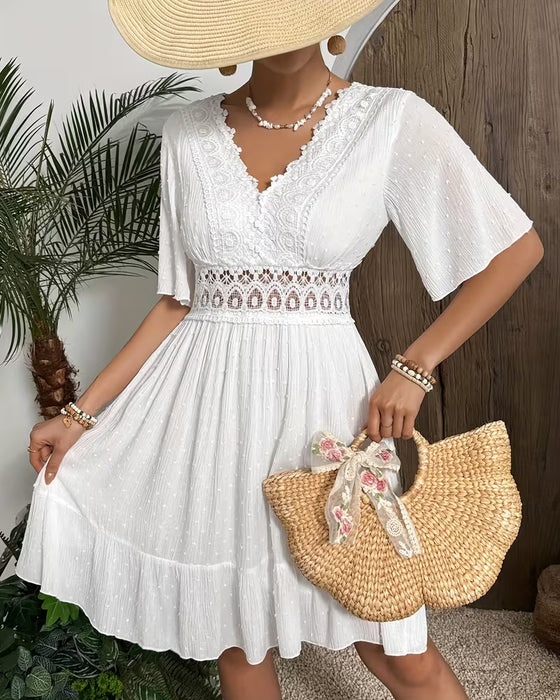 Robe Col En V Dentelle Garniture Taille Coupe A