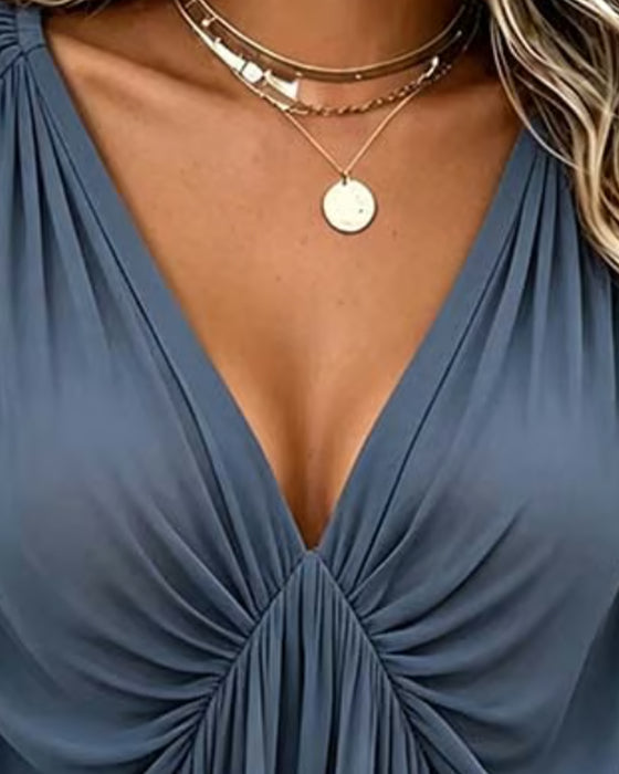 Blouse Col V Froncée Décontractée