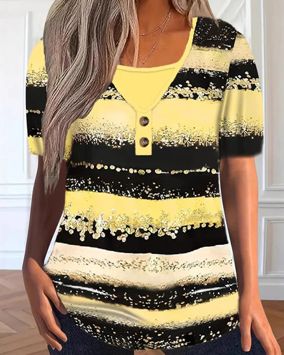 T-Shirt Imprimé Patchwork Fausse Deux Pièces