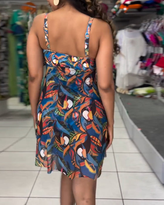 Maillot De Bain Une-Pièce Coloré Imprimé Fendu À Bretelles