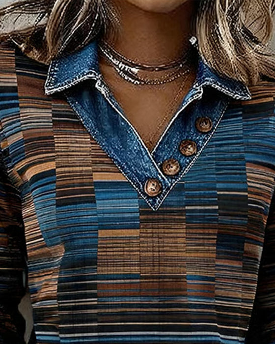Haut Denim Patchwork Rayure Vintage