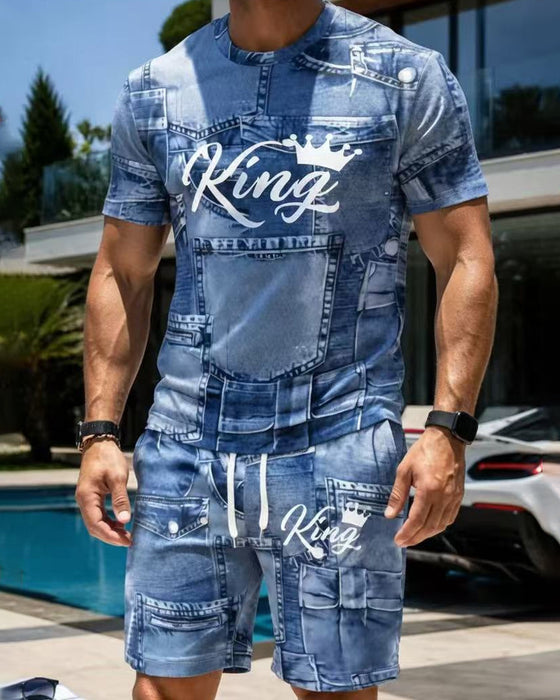 Ensemble Homme Avec T-Shirt Monogramme Col Rond Et Short À Cordon De Serrage
