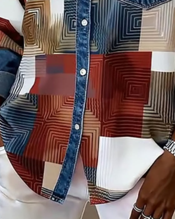 Chemise Color Block Revers À La Mode