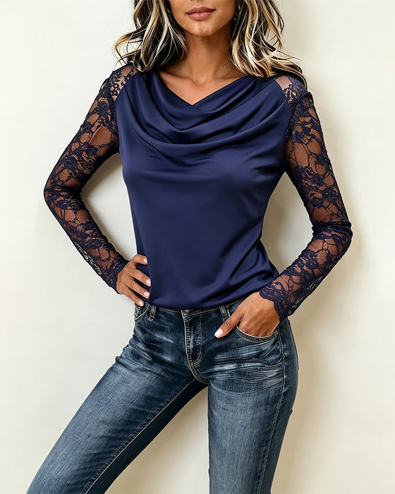 Blouse Col Drapé Dentelle Panneau Manches Longues