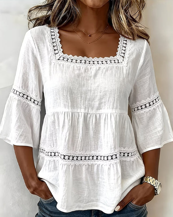 Blouse Manches Courtes Panneau En Dentelle Col Carré