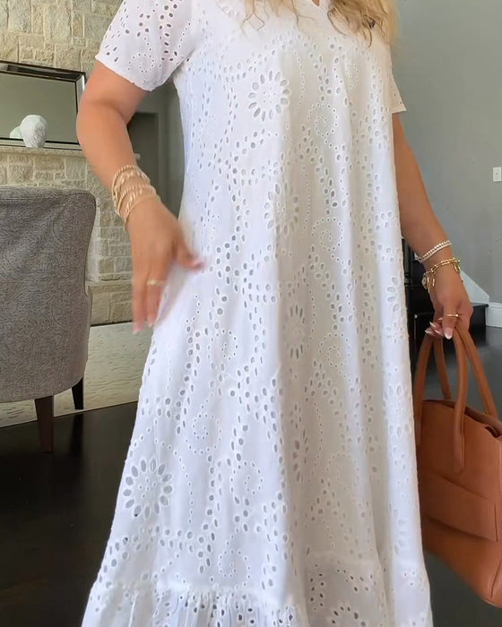 Robe Col V Ajourée Volants Uni