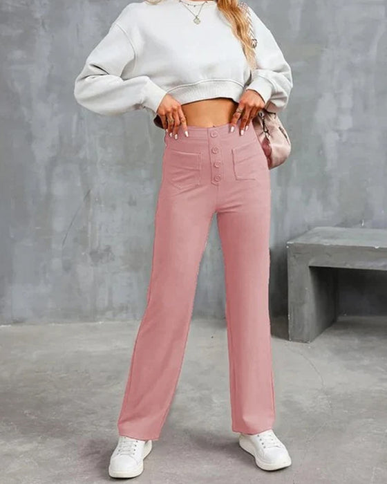 Pantalon Taille Haute Boutonné Jambe Large