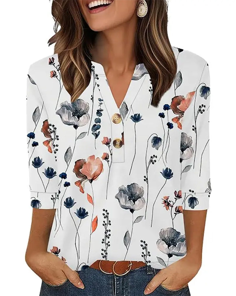 Blouse Col En V Boutonnée Manches Trois-Quarts