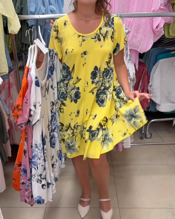 Robe Col Rond Florale A-Ligne