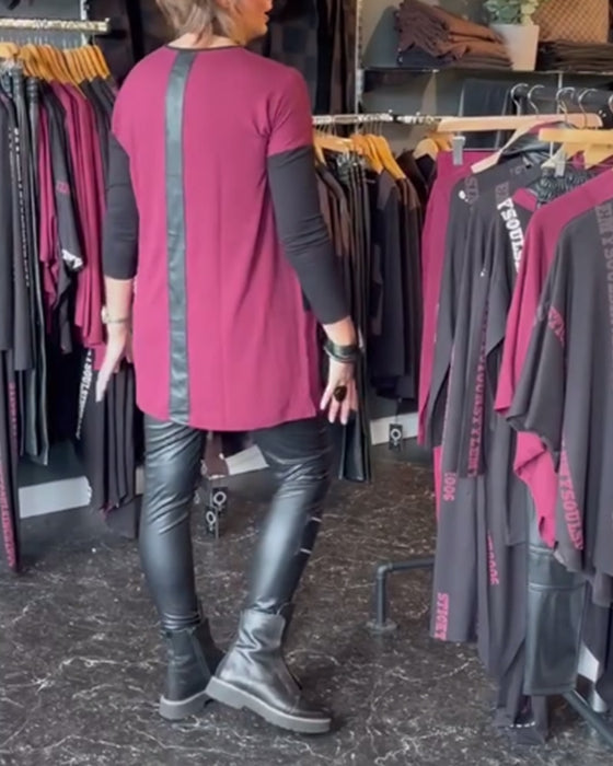 Haut de couleur contrastée avec coutures de poche en PU à col rond