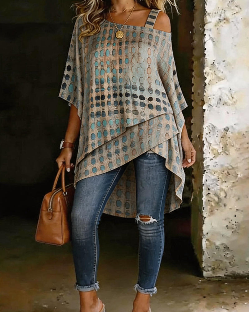 Blouse Imprimé Pois Une Épaule Irrégulière