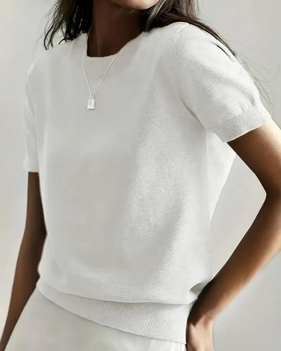 Pull-Over Col Rond Manches Courtes Tissu Fin Tissé
