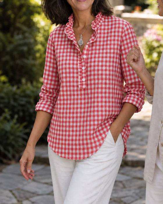 Blouse Bordure Volantée Col Mandarin Plaid