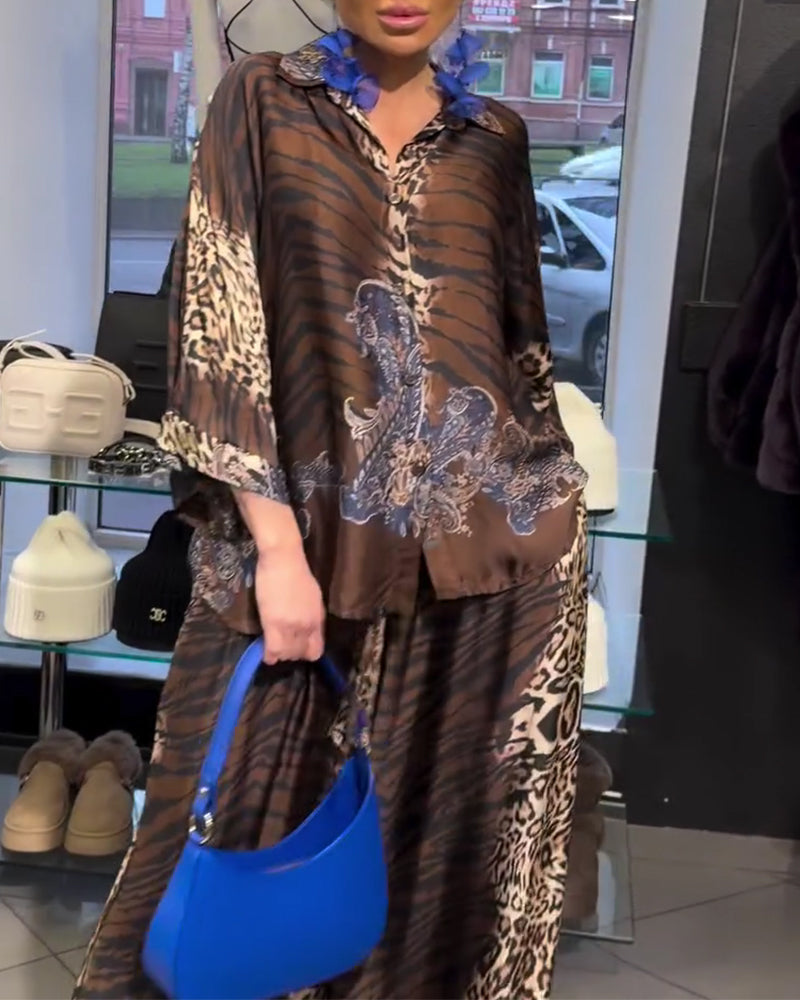 Ensemble Élégant Imprimé Léopard Pantalon Large