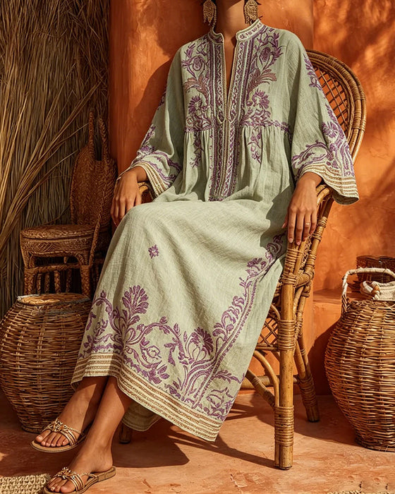 Robe Col En V Imprimé Ethnique Coupe Loose