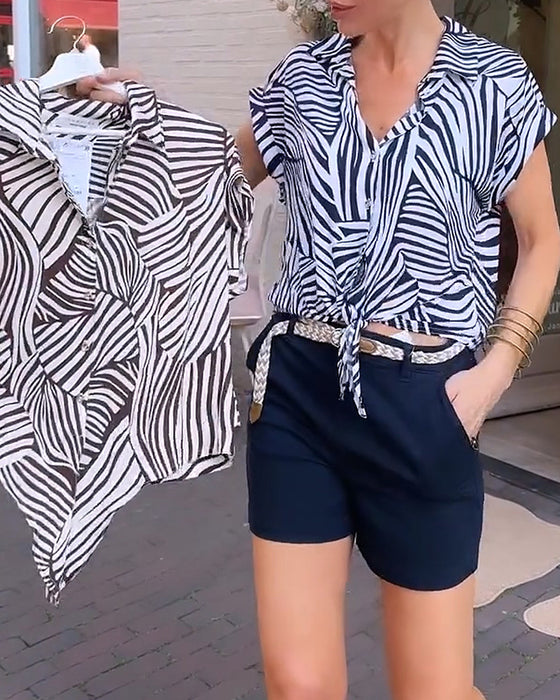 Blouse Zèbre Imprimé Revers Manches Courtes