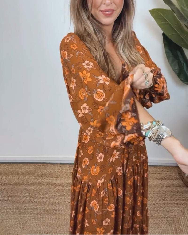 Robe à imprimé floral vintage avec col en V et manches lanterne