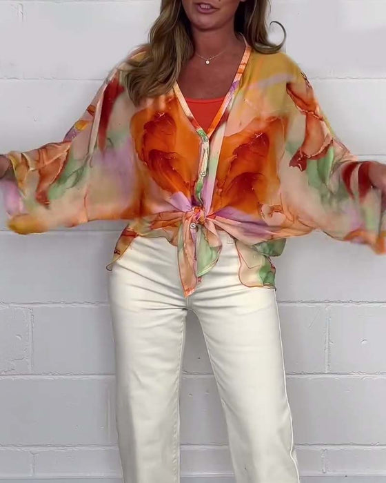 Chemisier décontracté imprimé à col en V et manches longues