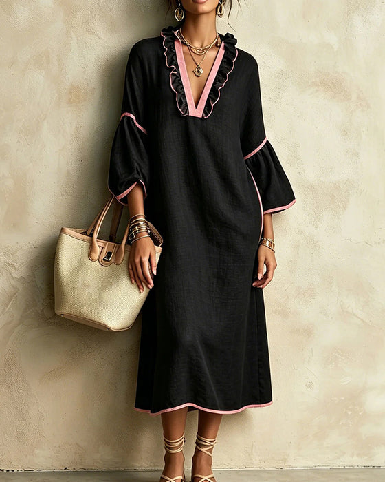Robe Col V Volant Bloc De Couleur Irrégulière