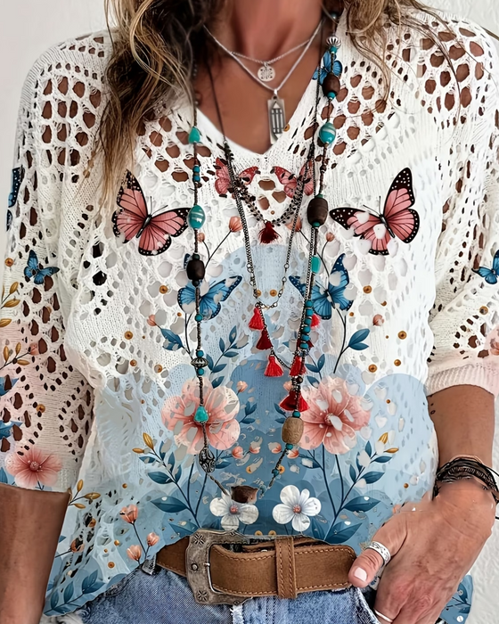Pullover Papillon Fleuri Découpe