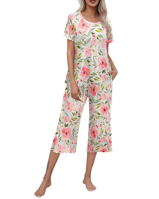 Ensemble Col Rond Imprimé Léopard Manche Courte Pantalon Sept-Points